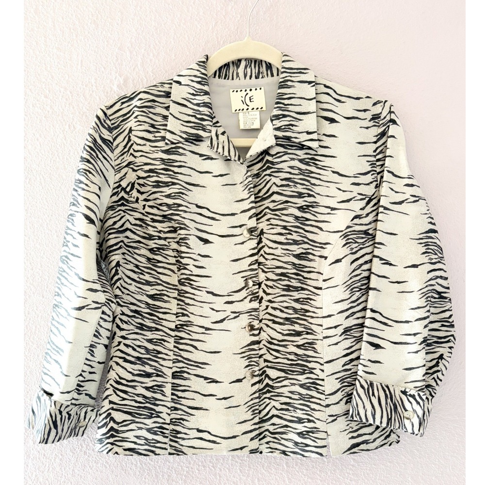 Vintage Y2K Women Small Silk Zebra Print Button Front Top Mob Wife Night Out